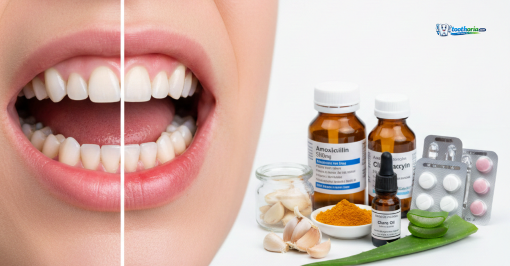 a-woman-with-her-mouth-open-surrounded-by-toothpaste-and-dental-care-items-on-a-bathroom-counter