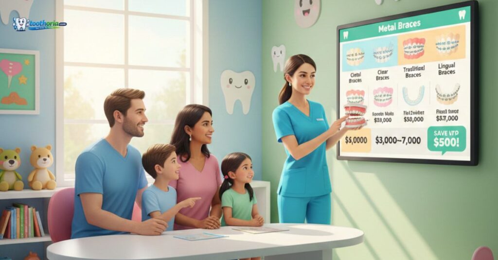 cost-of-orthodontic-braces-prices-types-savings-usa-dental-clinic-orthodontist-explaining-braces-to-family