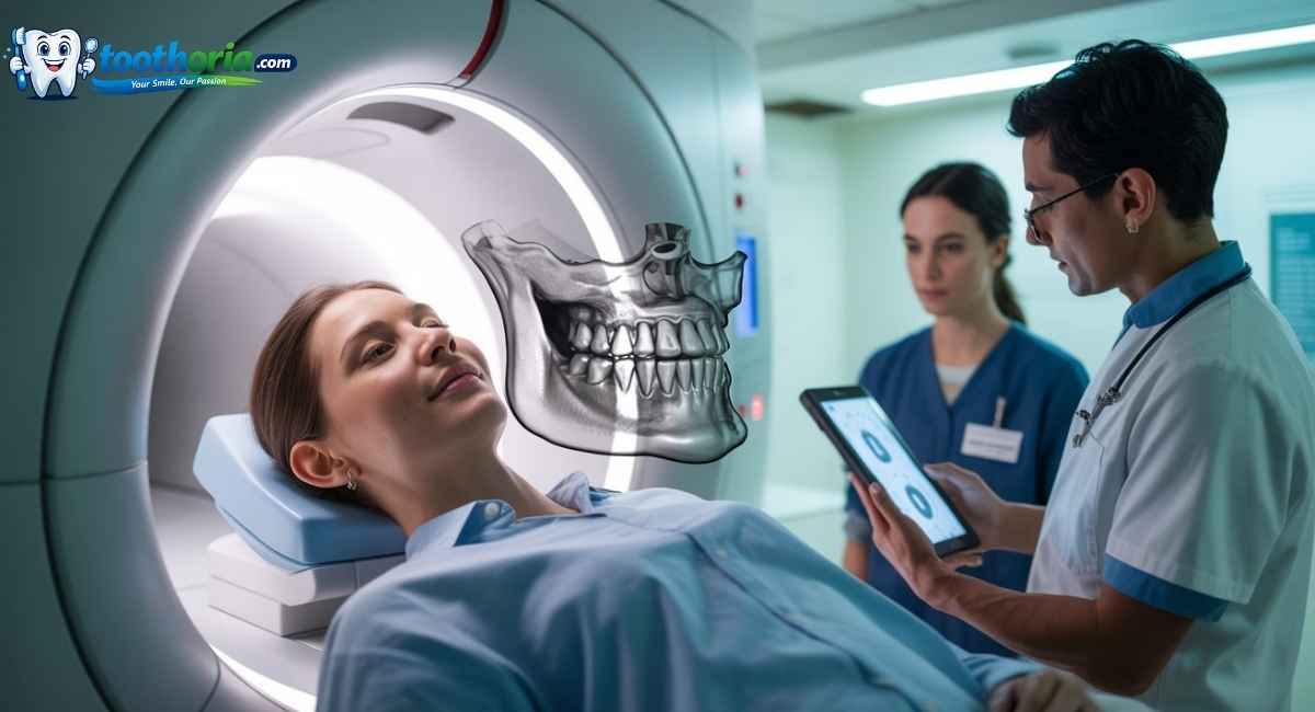 Dental implant in MRI scan, showing safe procedure, doctors reviewing results, modern hospital, medical safety concept