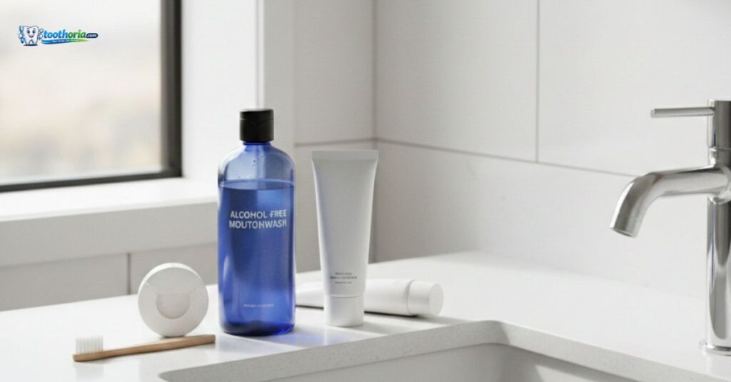 realistic-bathroom-oral-care-setup-featuring-alcohol-free-mouthwash-toothbrush-toothpaste-and-floss-for-controlling-smelly-breath