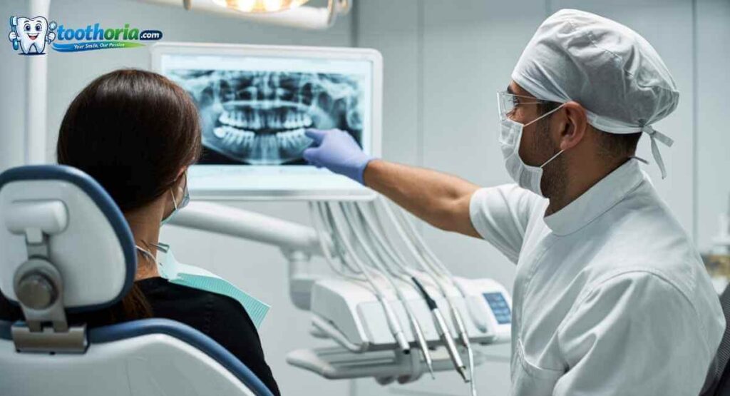 Oral surgeon explaining dental X-ray to patient in modern dental clinic during consultation