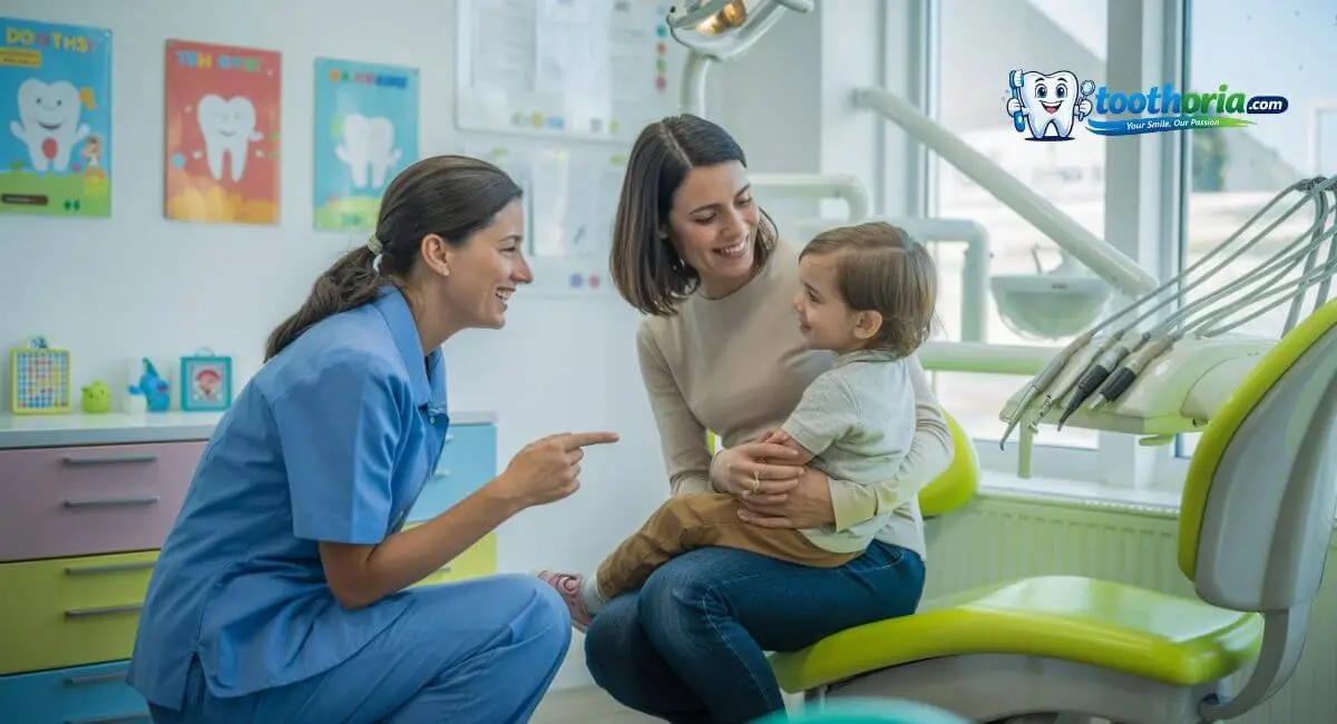 Pediatric dentist explaining fluoride treatment to a parent in a child-friendly dental clinic