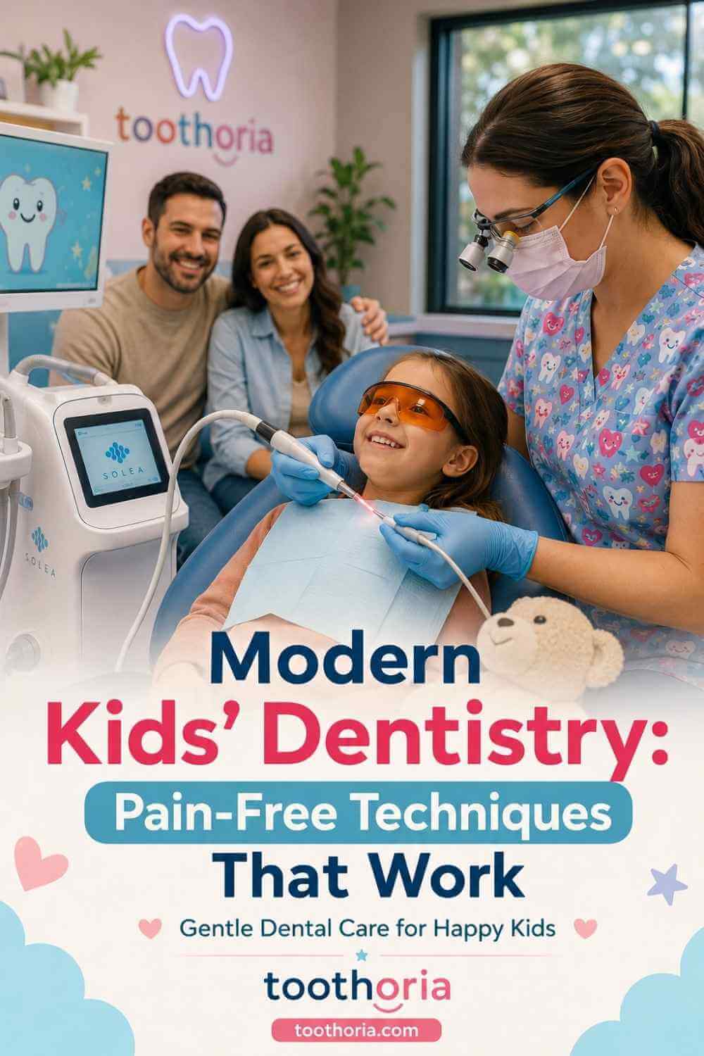 Happy child receiving pain-free dental treatment in a modern pediatric dental clinic.