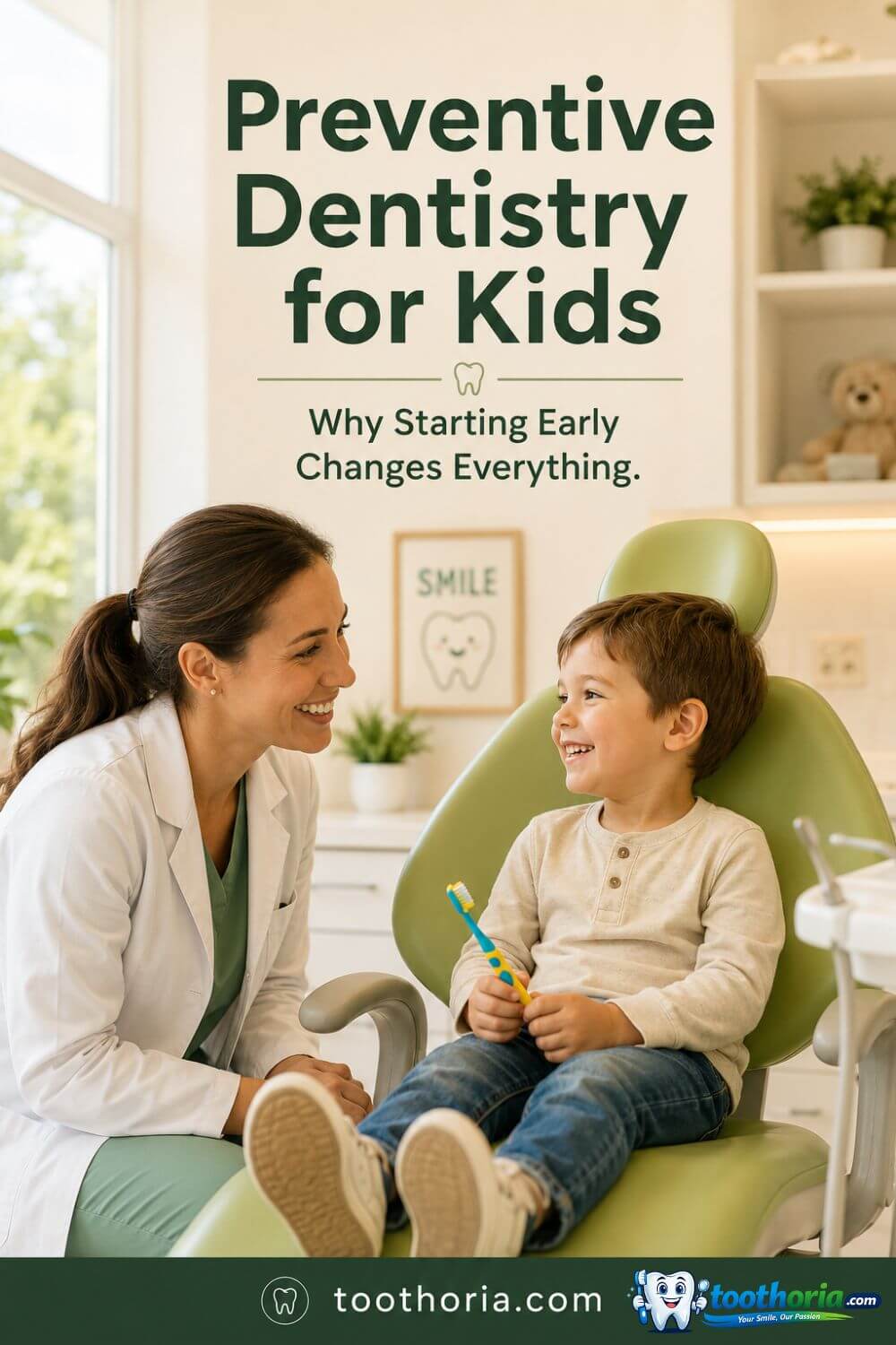 Pediatric dentist showing a young child their toothbrush during a preventive dental checkup.