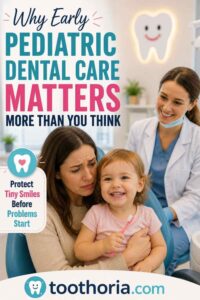Mother holding toddler during first pediatric dental visit in a bright dental clinic with caring dentist smiling nearby.