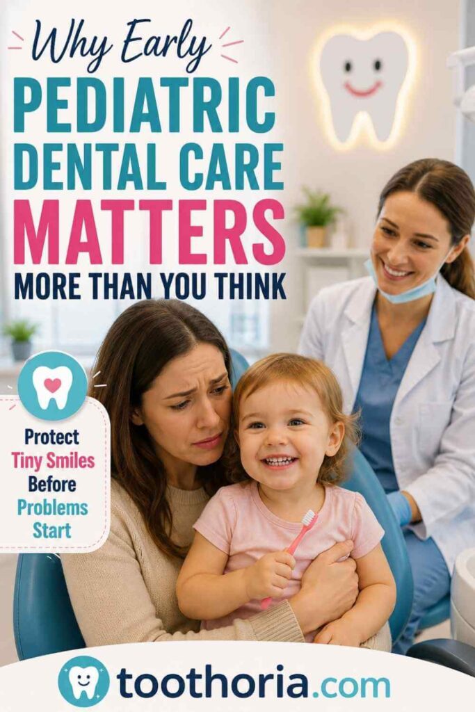 Mother holding toddler during first pediatric dental visit in a bright dental clinic with caring dentist smiling nearby.